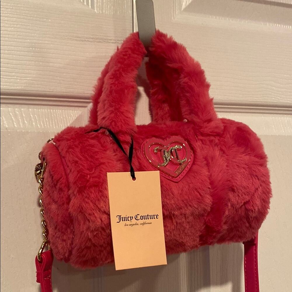 BNWT JUICY COUTURE Lets Get Cozy Hot Pink Viral Furry Barrel Roll Crossbody Bag